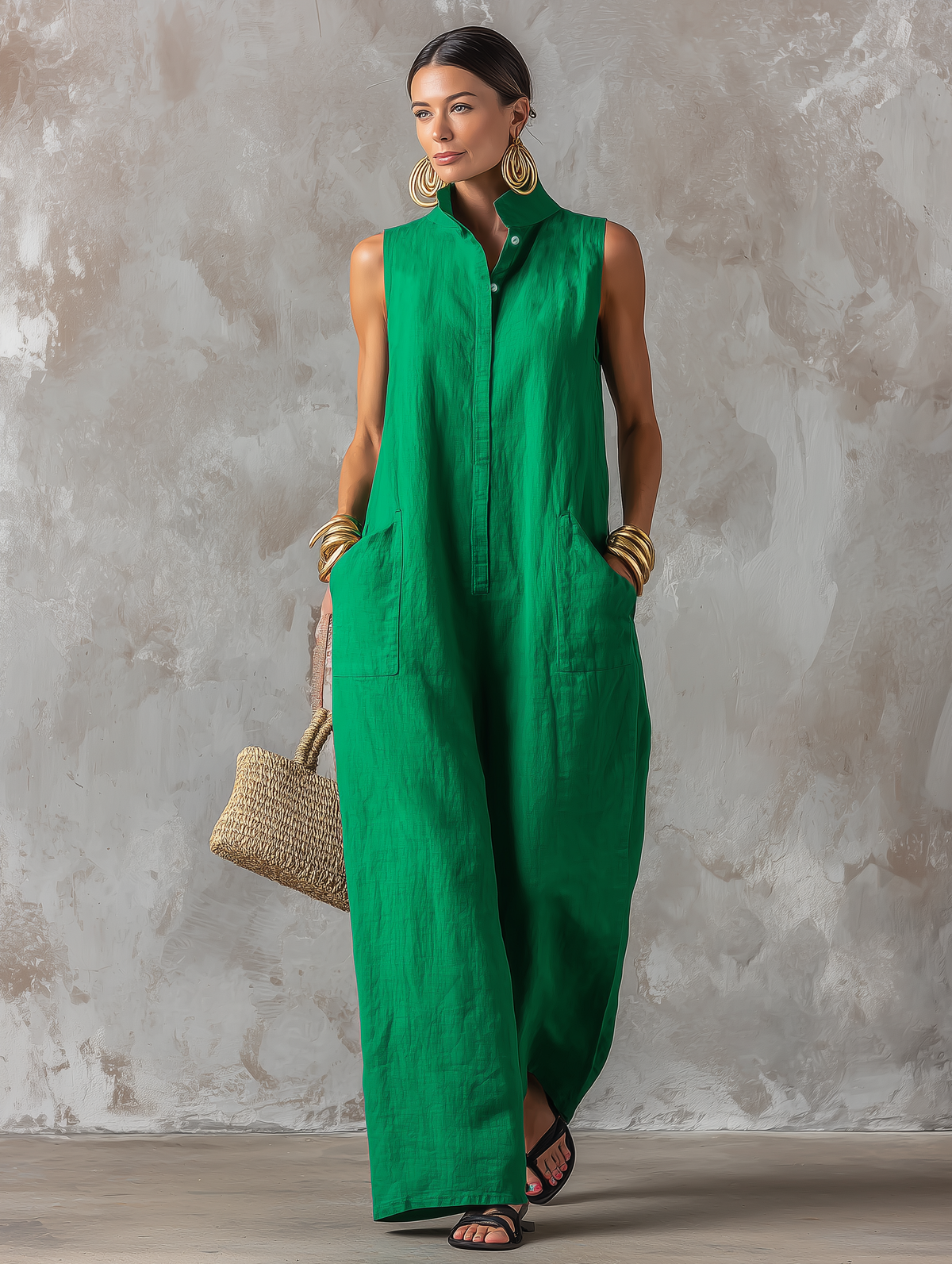 Sleeveless Stand Collar Button Front Wide Leg Jumpsuit with Pockets