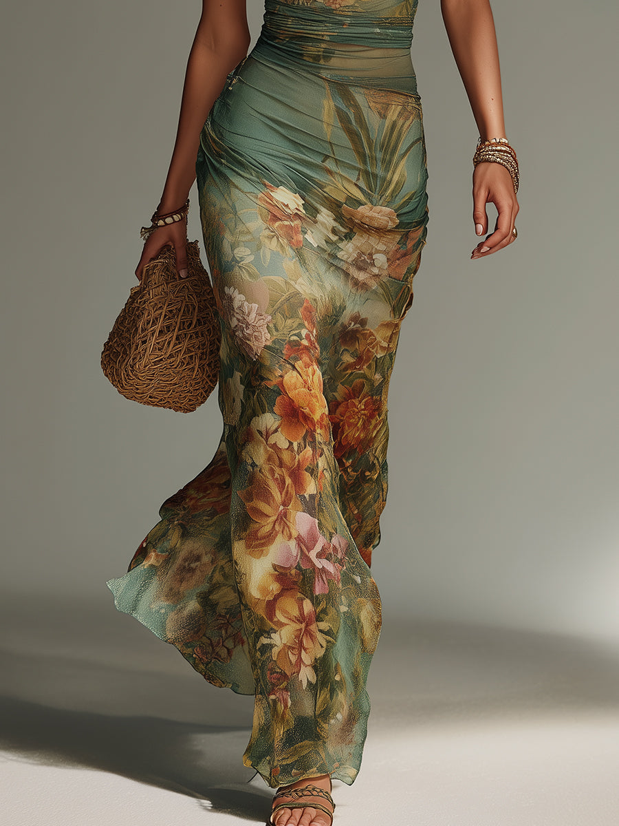 Floral Halter Neck Ruched Mesh Bodycon Maxi Dress