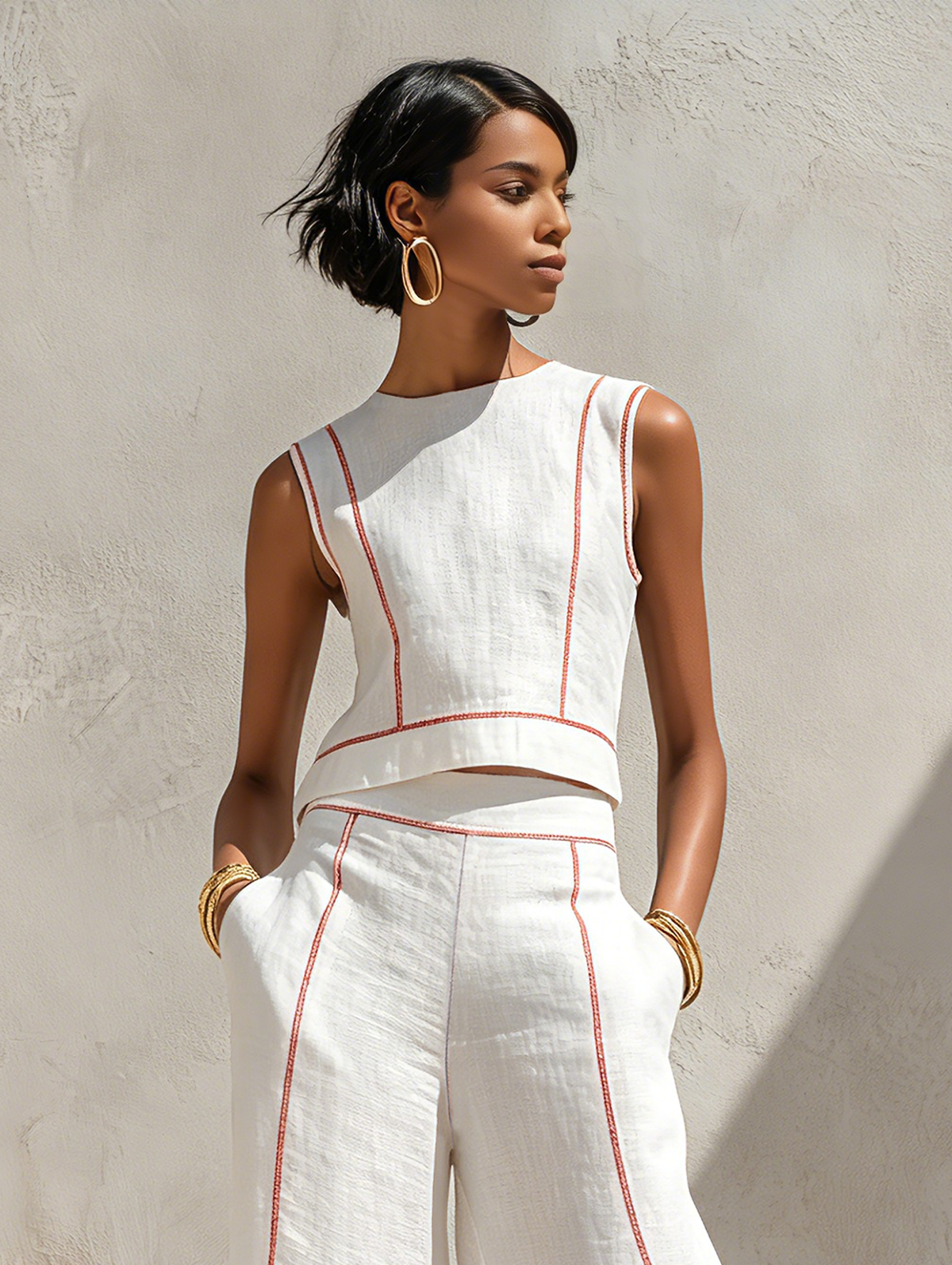 Contrast-Stitched Pants Set