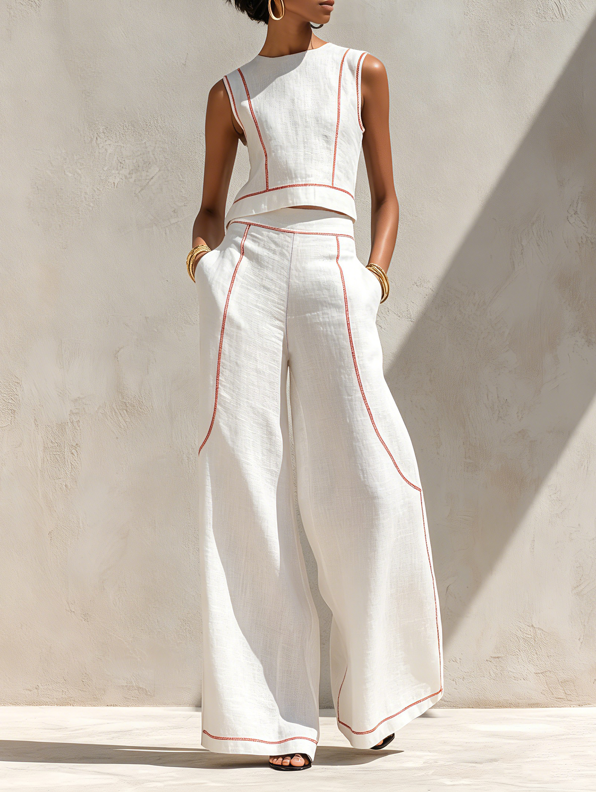 Contrast-Stitched Pants Set