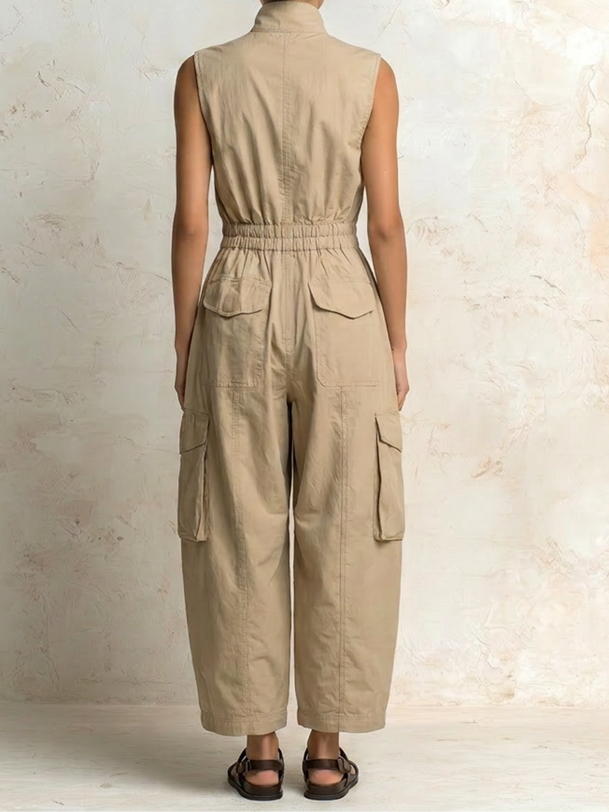 Sleeveless Zip Front Cargo Wide Leg Jumpsuit
