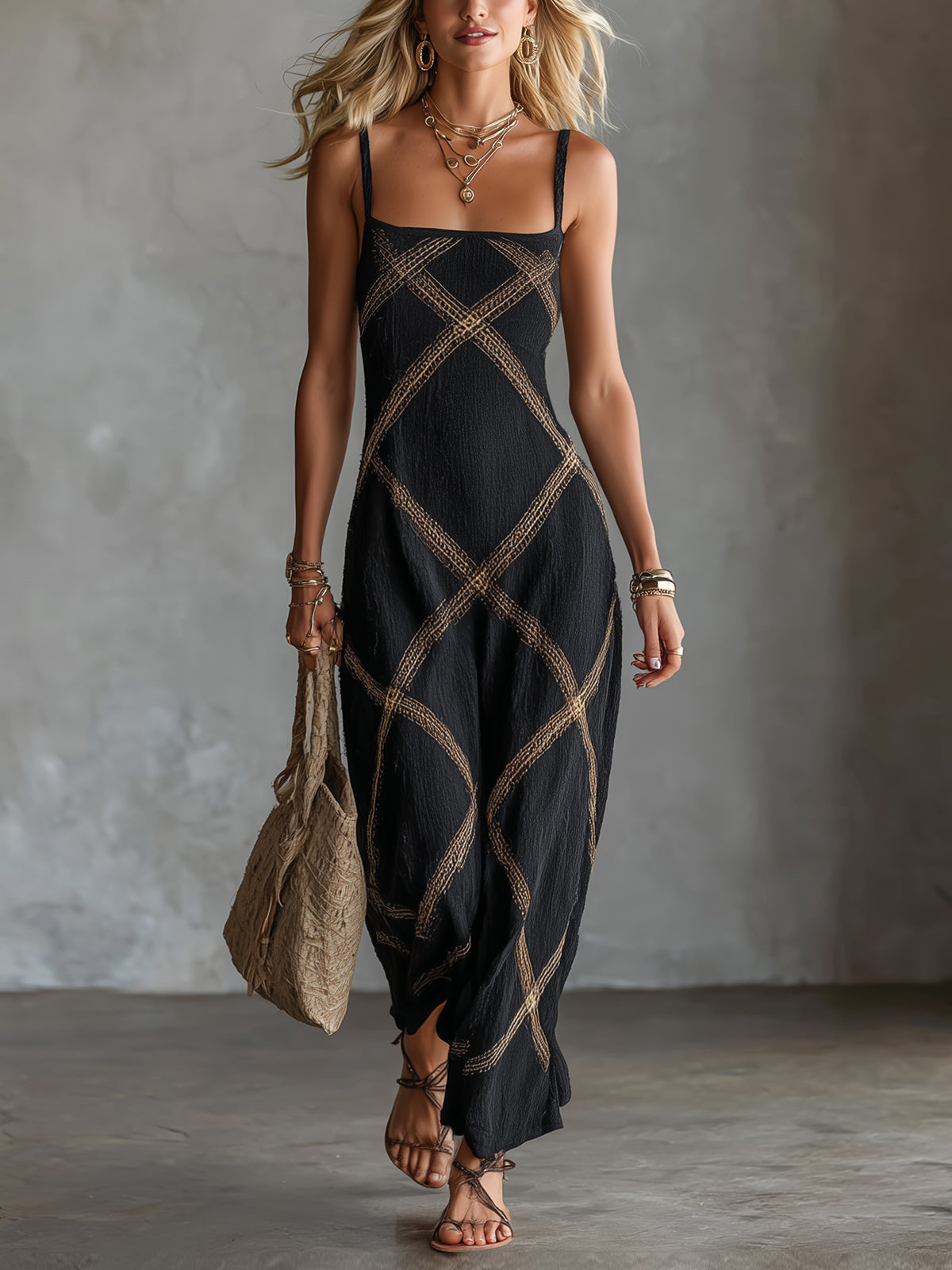 Diamond Embroidered Square Neck Slip Maxi Dress