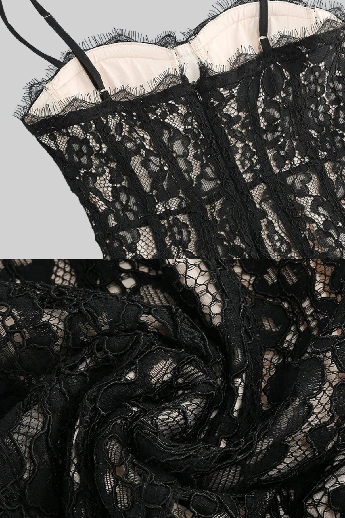 Lace Sweetheart Neck Spaghetti Strap Corset Bodice Scalloped Hem Midi Dress 9