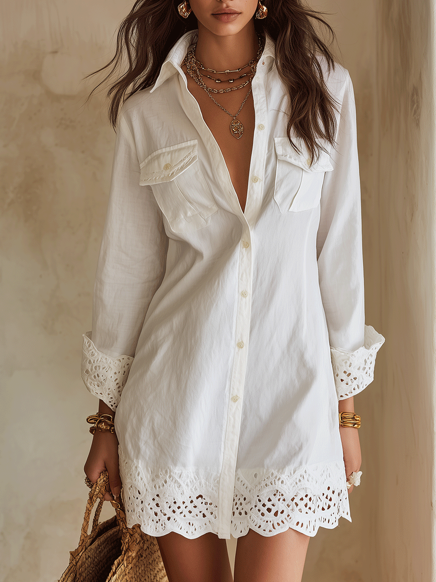 Crochet Lace Hem Long Sleeve Button Front Shirt Dress