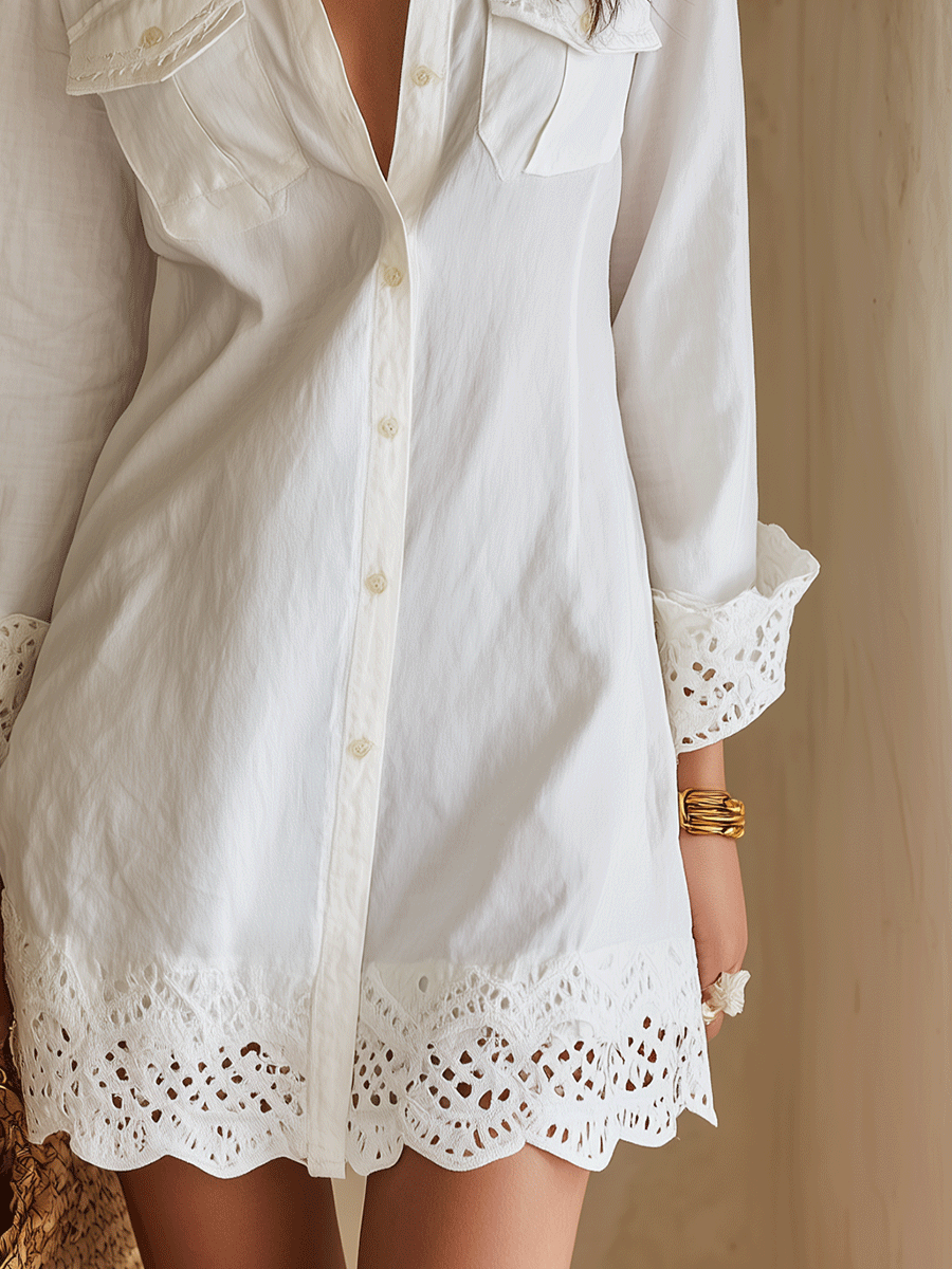 Crochet Lace Hem Long Sleeve Button Front Shirt Dress