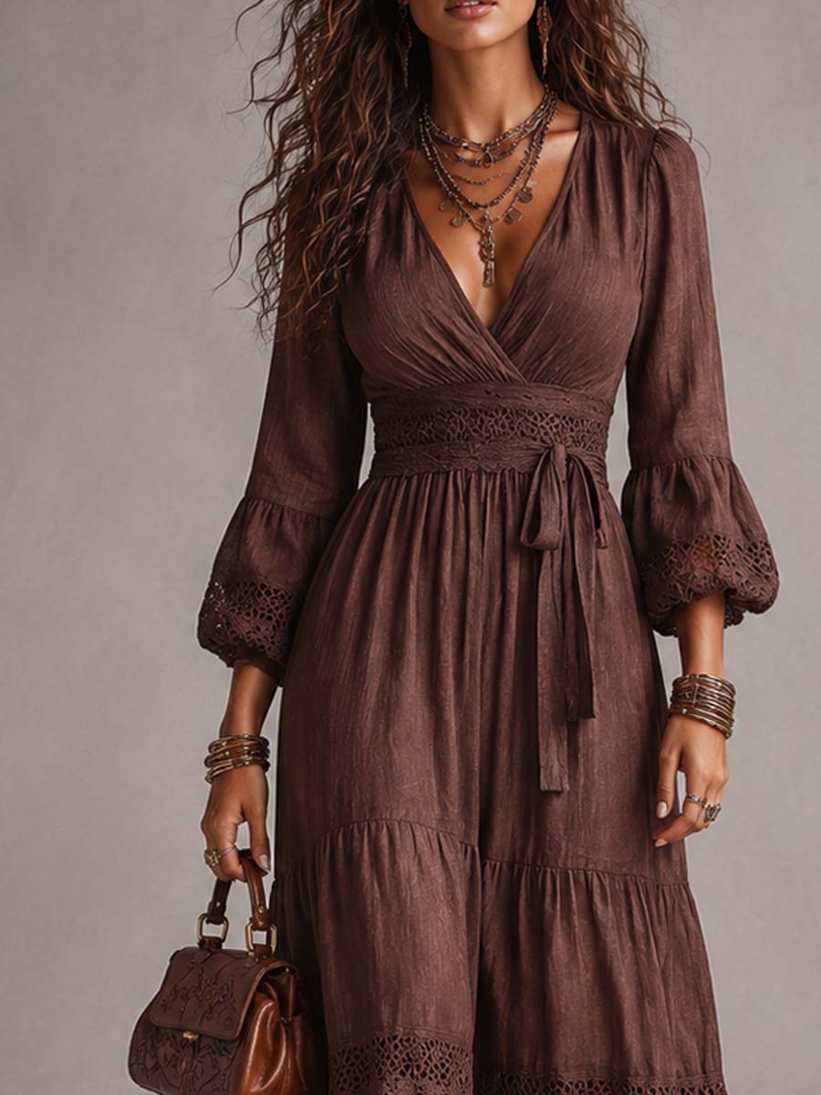 Deep V-Neck Puff Sleeve Lace Trim Tiered Boho Maxi Dress