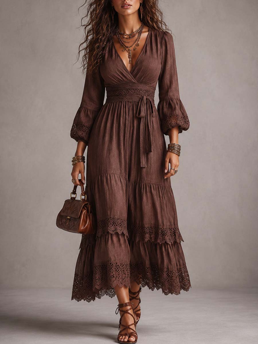 Deep V-Neck Puff Sleeve Lace Trim Tiered Boho Maxi Dress