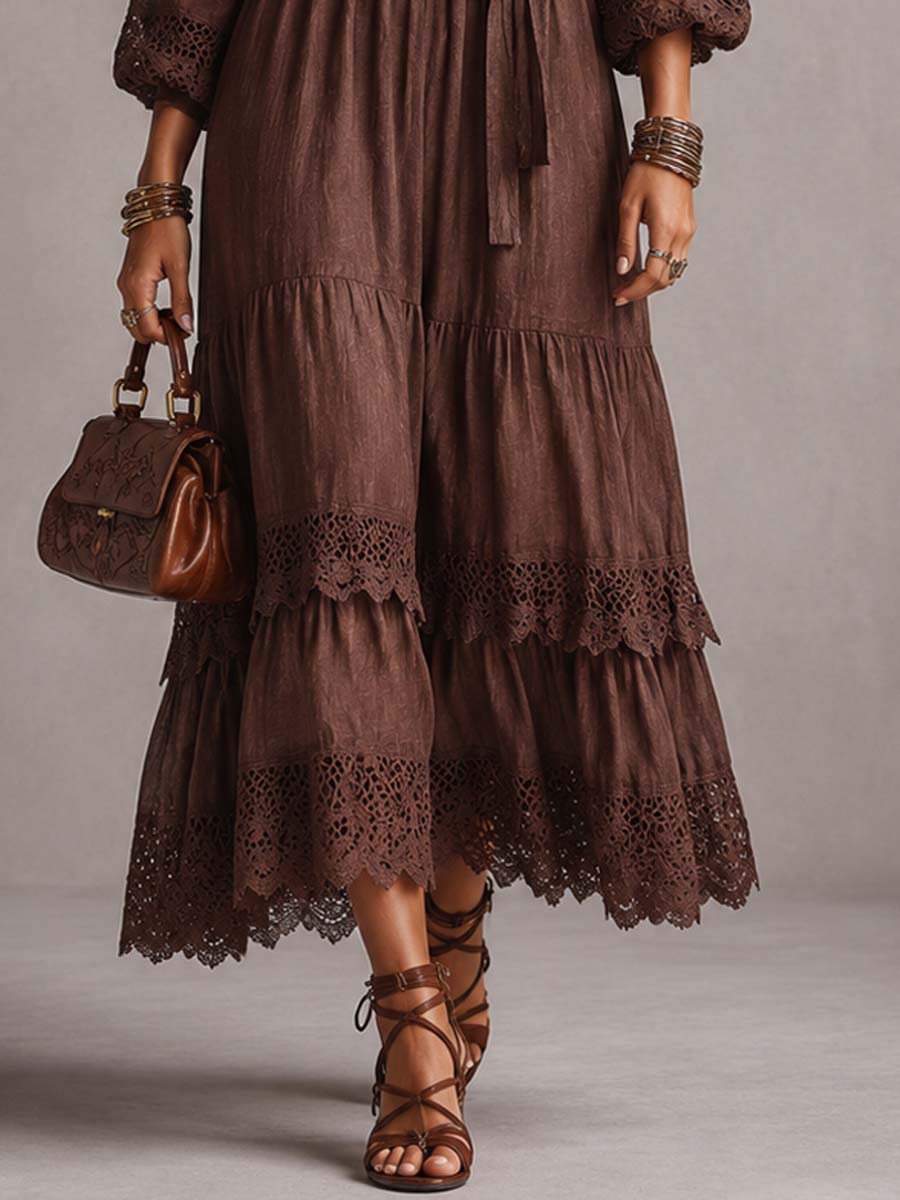 Deep V-Neck Puff Sleeve Lace Trim Tiered Boho Maxi Dress