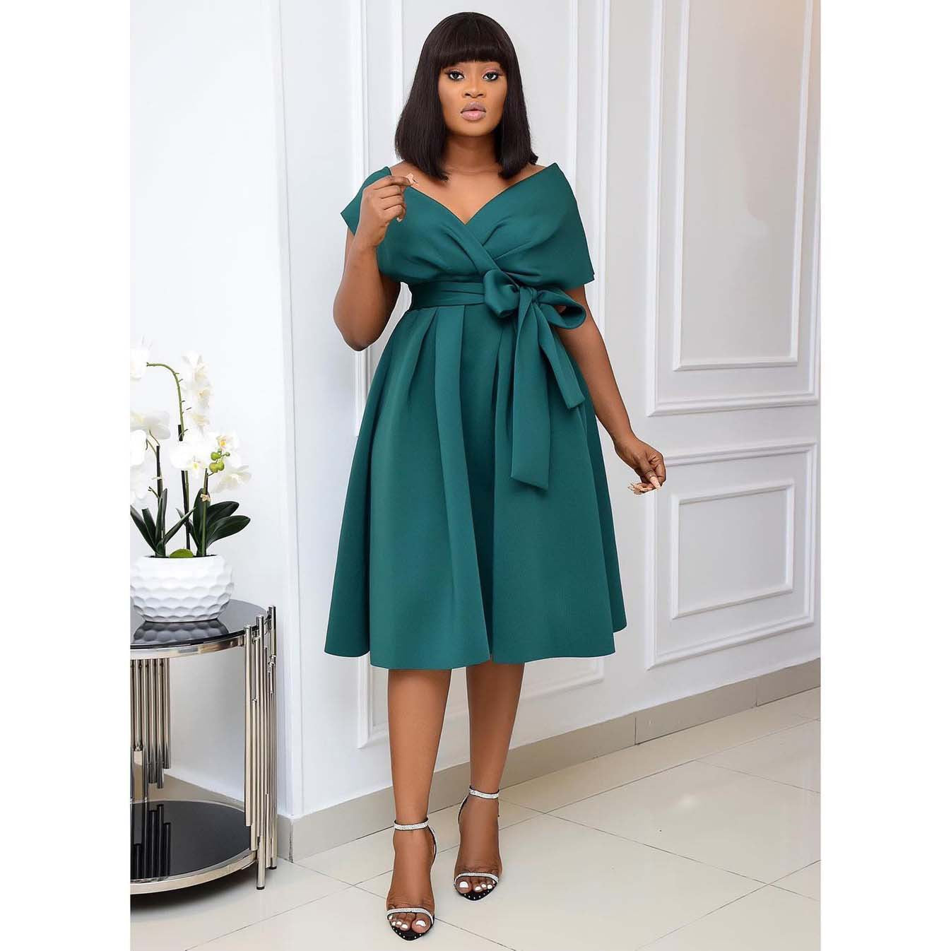 Cap Sleeve Bow Waist Box Pleat Fit and Flare Midi Dress