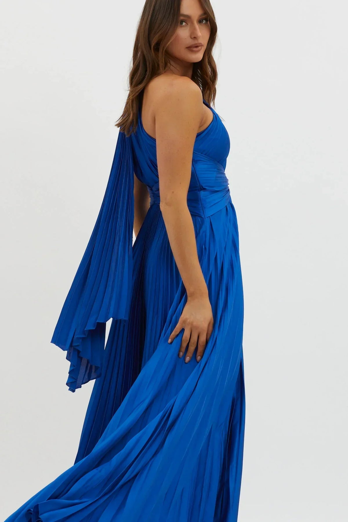 Satin One Shoulder Twist Waist Accordion Pleated Maxi Dress 3