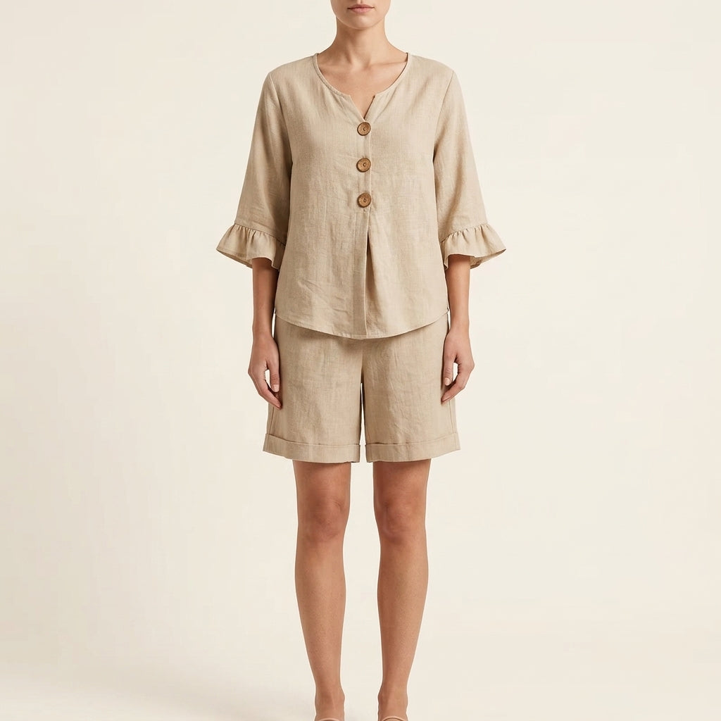 Ruffle Sleeve Button Front Top and Shorts Two Piece Set