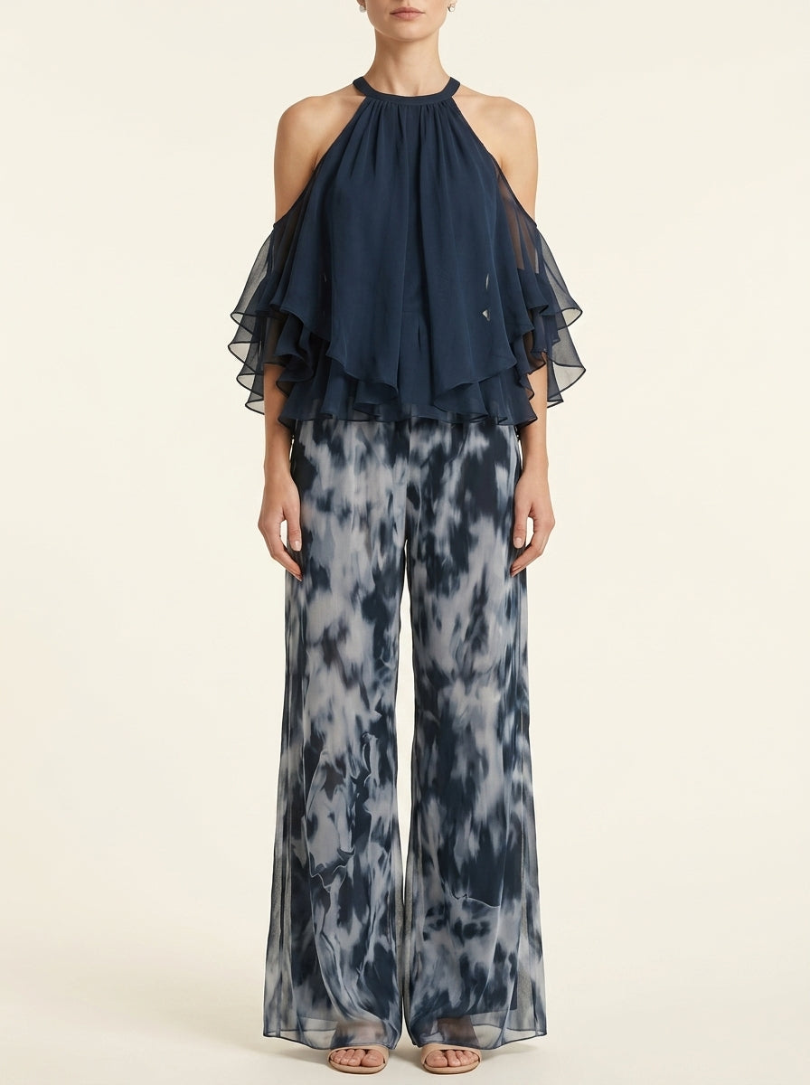 Halter Neck Cold Shoulder Ruffle Top and Printed Wide Leg Pants Two Piece Set