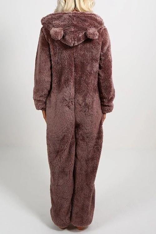 Fuzzy Hoodie Collar Jumpsuit Pajamas