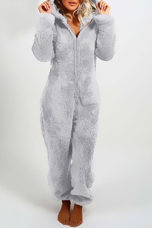 Fuzzy Hoodie Collar Jumpsuit Pajamas