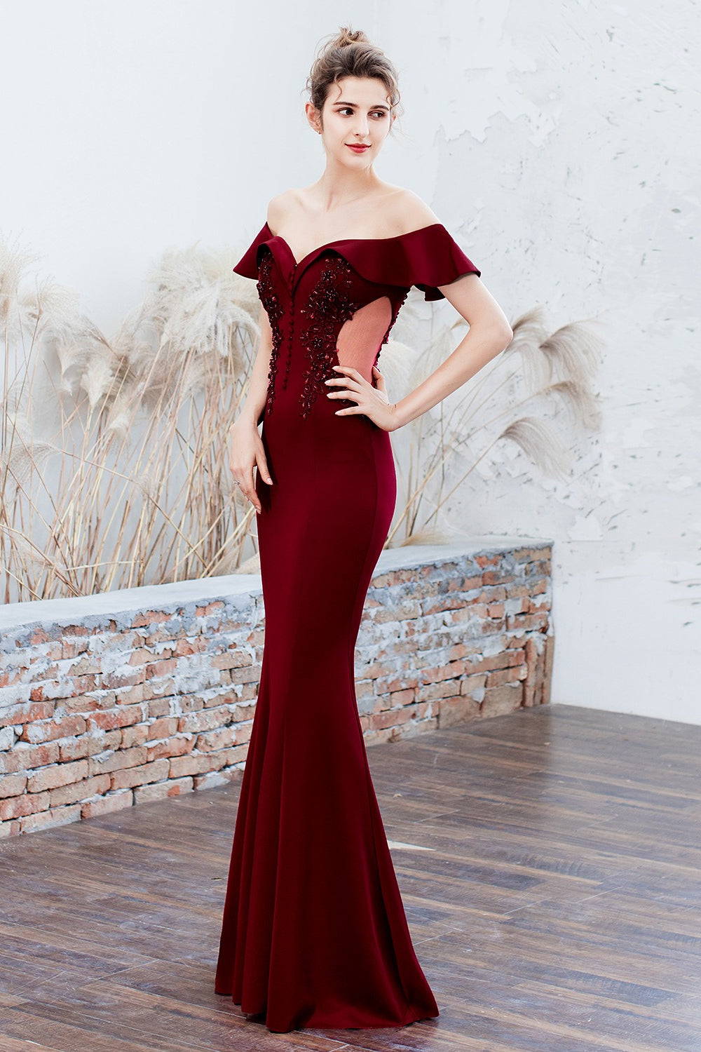 Off Shoulder Ruffle Beaded Mermaid Formal Gown