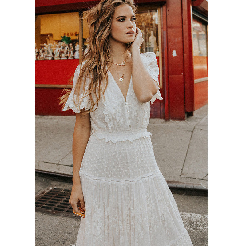 Swiss Dot Lace Trim Short Sleeve Elastic Waist Tiered Scalloped Hem Maxi Dress