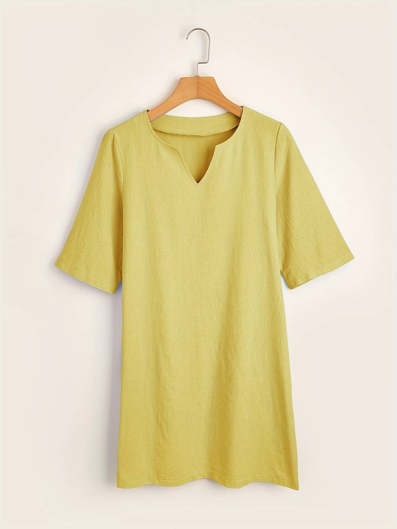 Notched V-Neck Short Sleeve Linen Look Shift Mini Dress