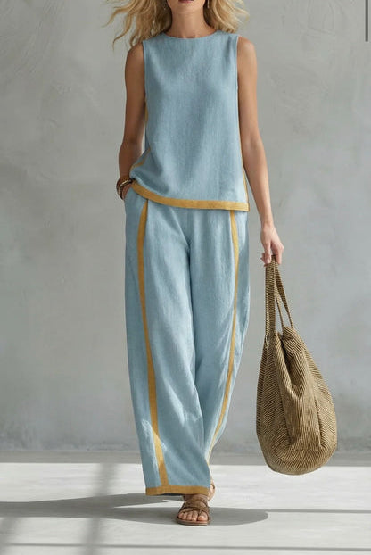 Contrast Trim Sleeveless Top and Wide Leg Pants Two Piece Set