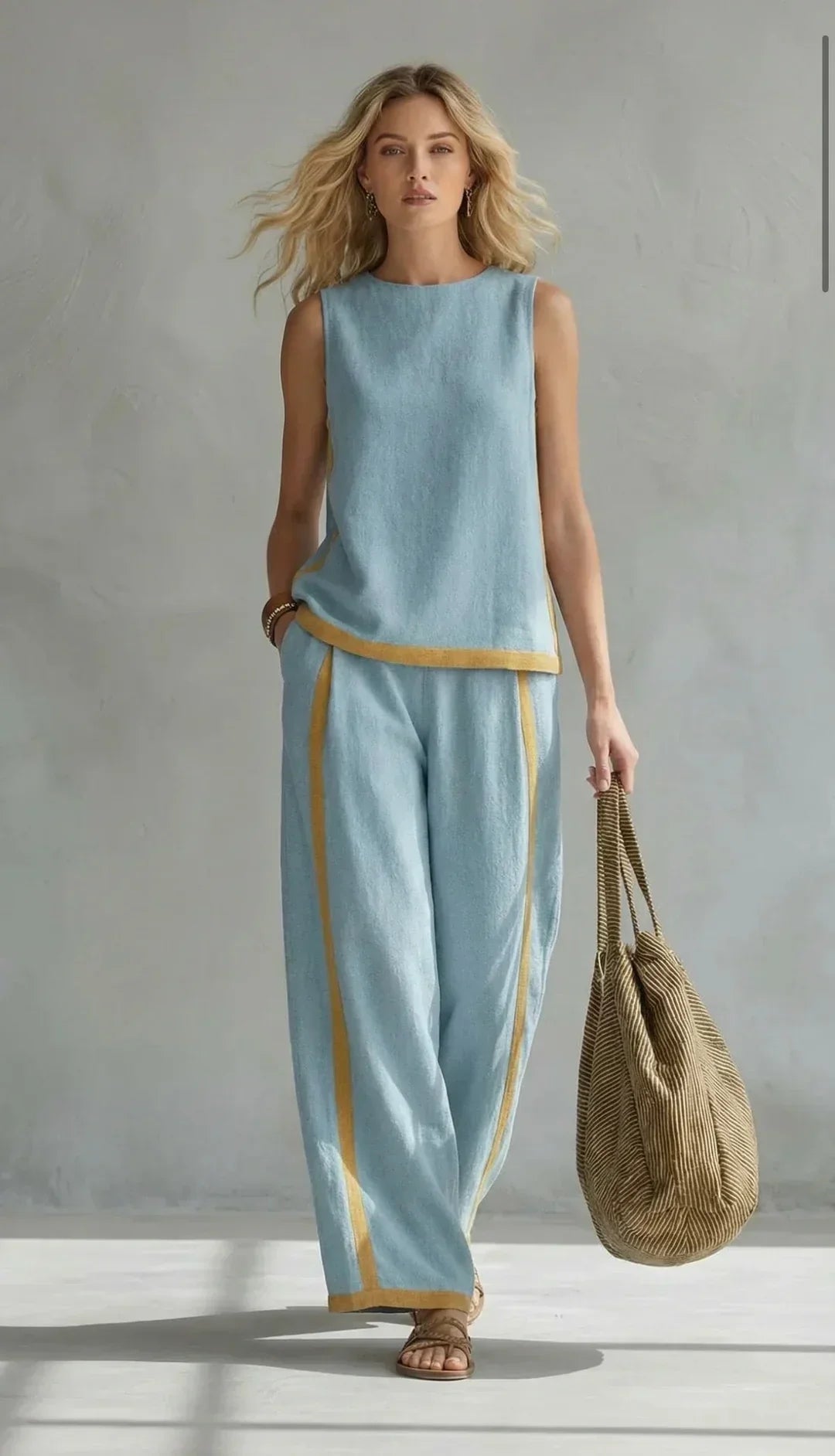 Sleeveless Contrast Trim Top and Wide Leg Pants Two Piece Set