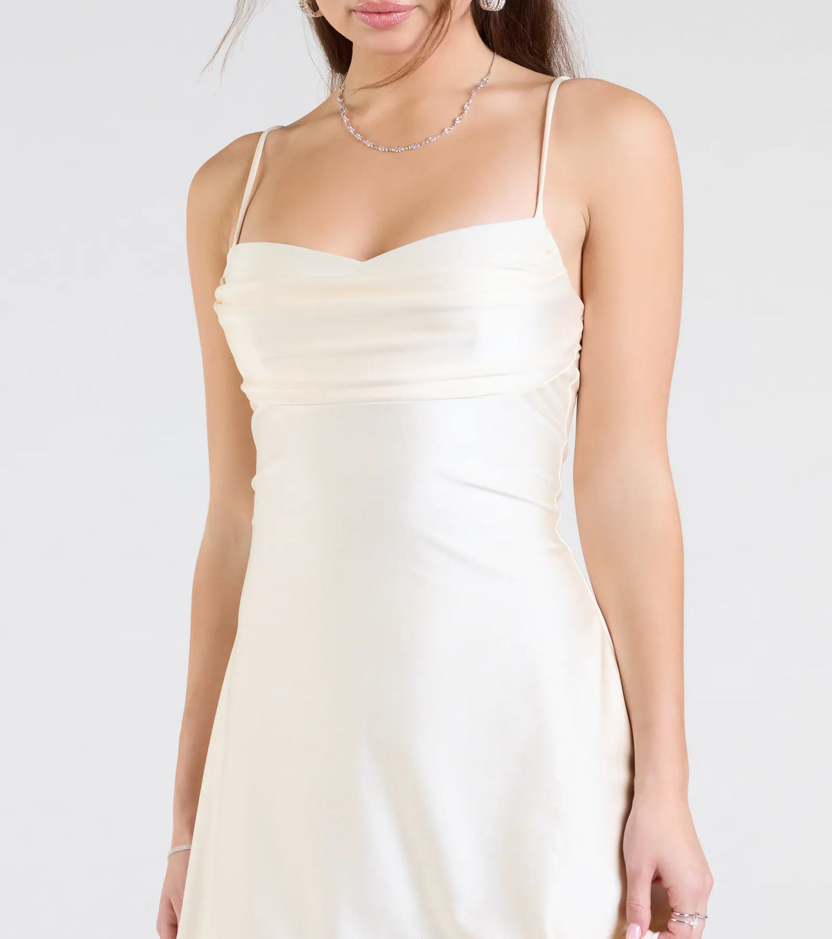 Satin Cowl Neck Spaghetti Strap A-Line Mini Dress 11