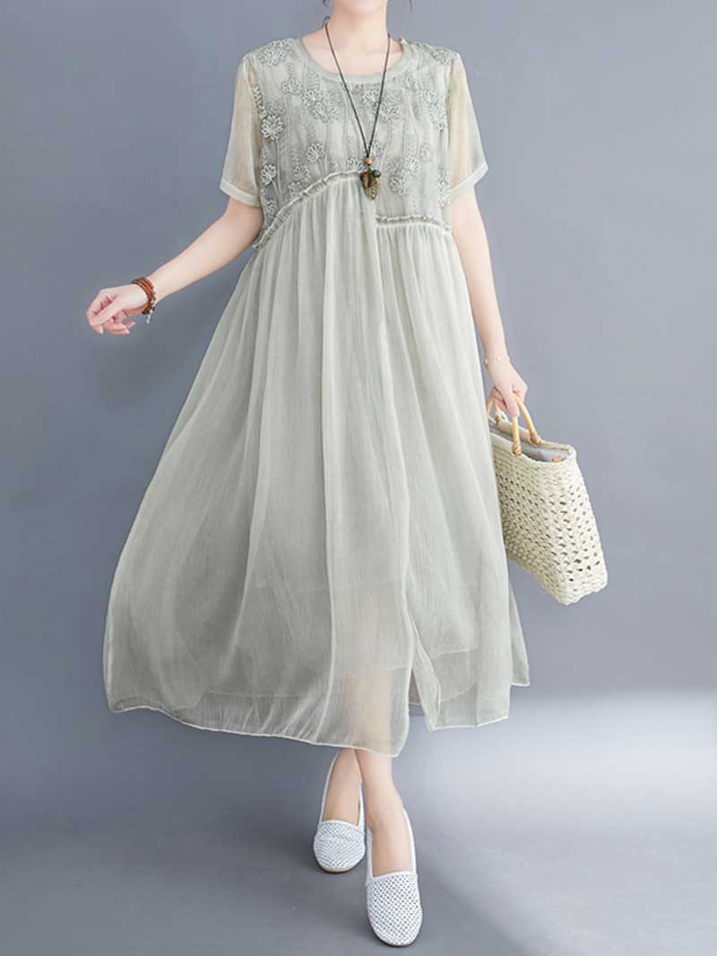 Lace Bodice Sheer Overlay Empire Waist Handkerchief Hem Midi Dress