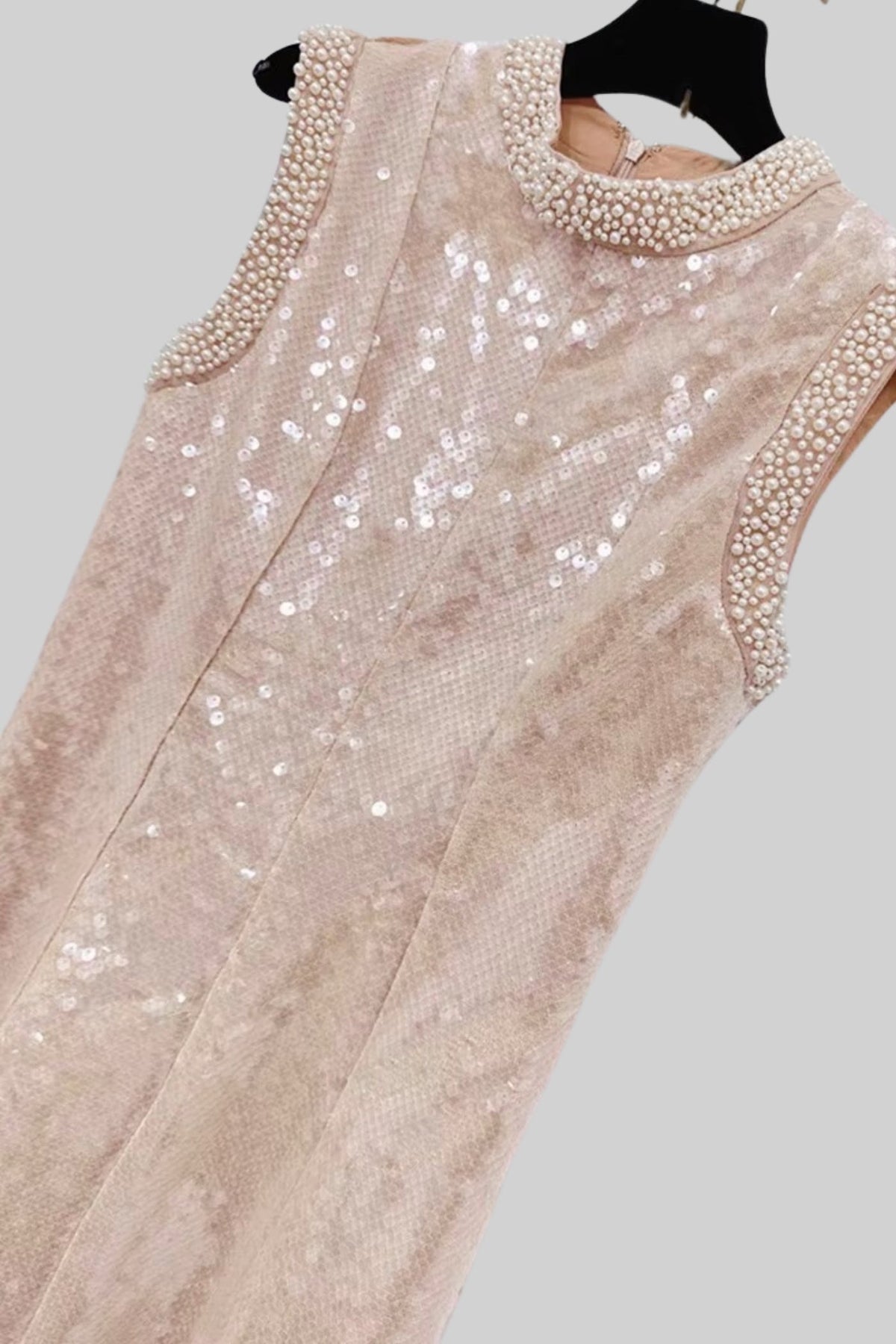 Sequin Sleeveless High Neck Pearl Trim Tea Length Midi Dress - View 17