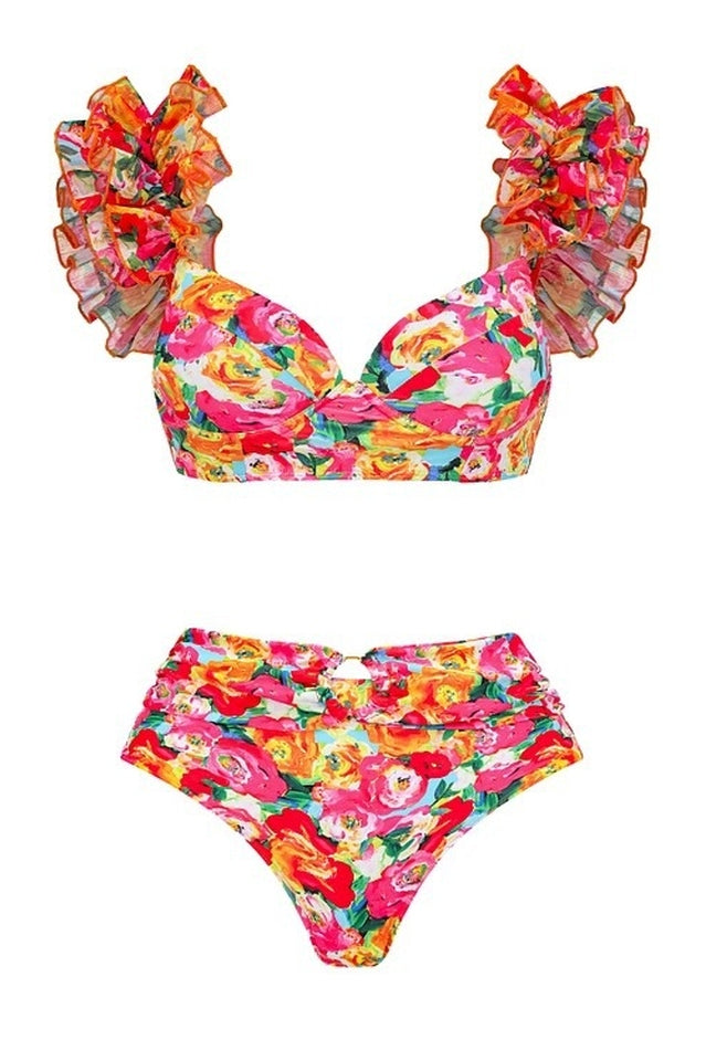 3D Floral Print Swimsuit & Skirt Set