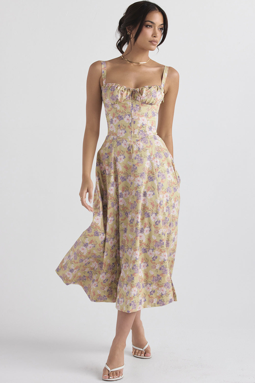 Floral Sweetheart Spaghetti Strap Corset Fit and Flare Midi Dress