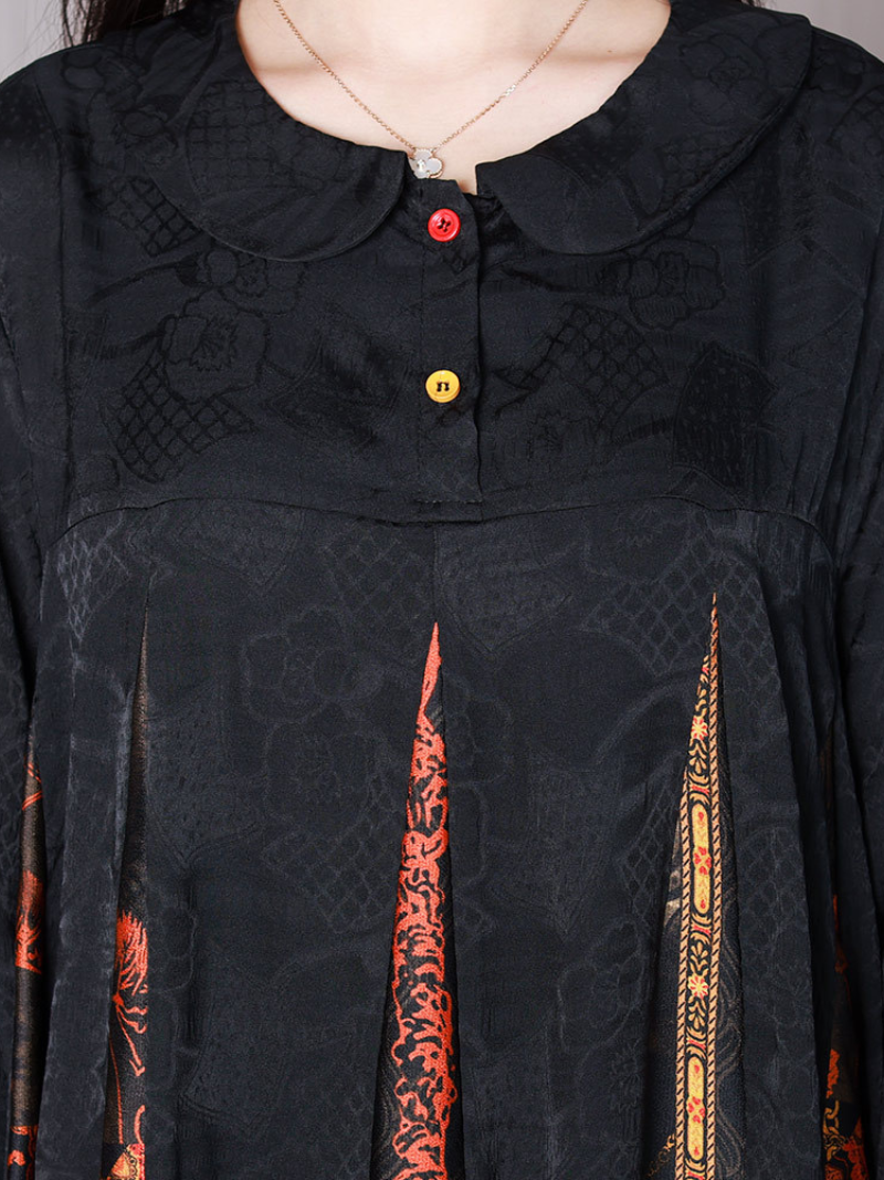 Jacquard Floral Peter Pan Collar Button Front Border Print Panel A-Line Maxi Dress