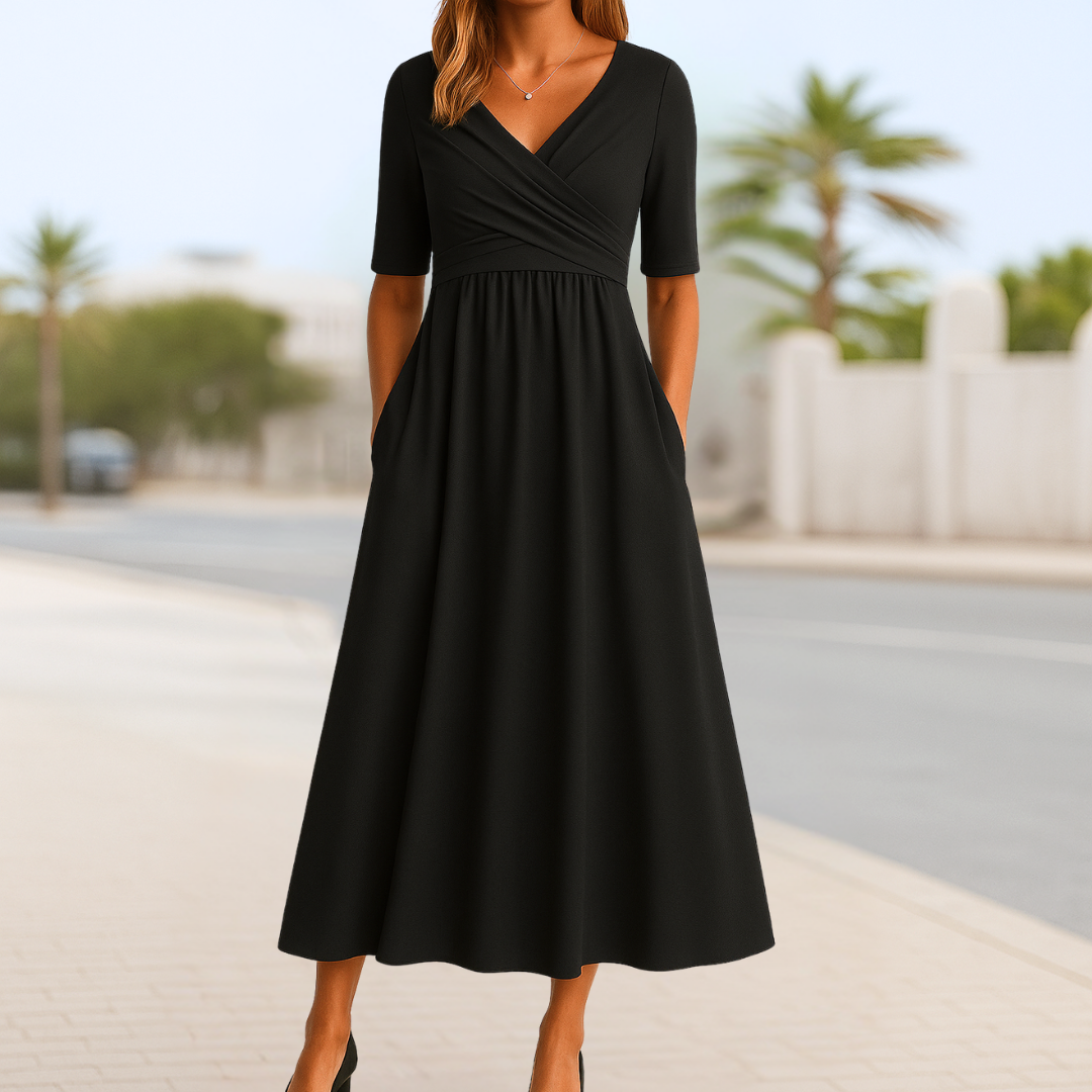 V-Neck Short Sleeve Ruched Fit and Flare Midi Dress 3