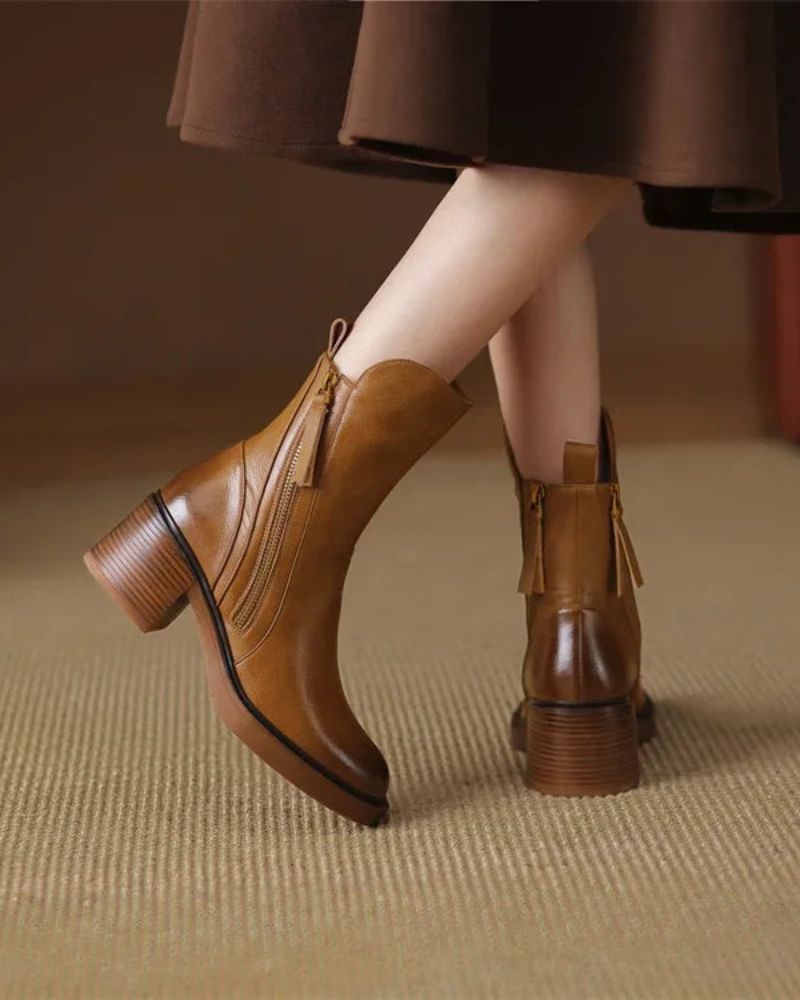 Round Toe Front Zip Block Heel Ankle Boots