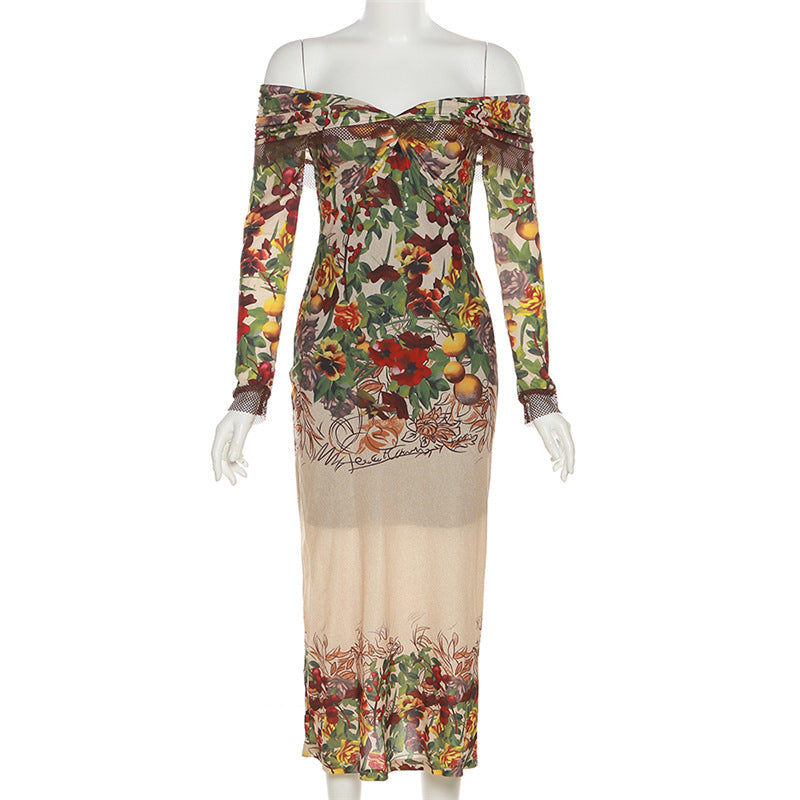 Floral Off Shoulder Long Sleeve Ruched Mesh Bodycon Midi Dress
