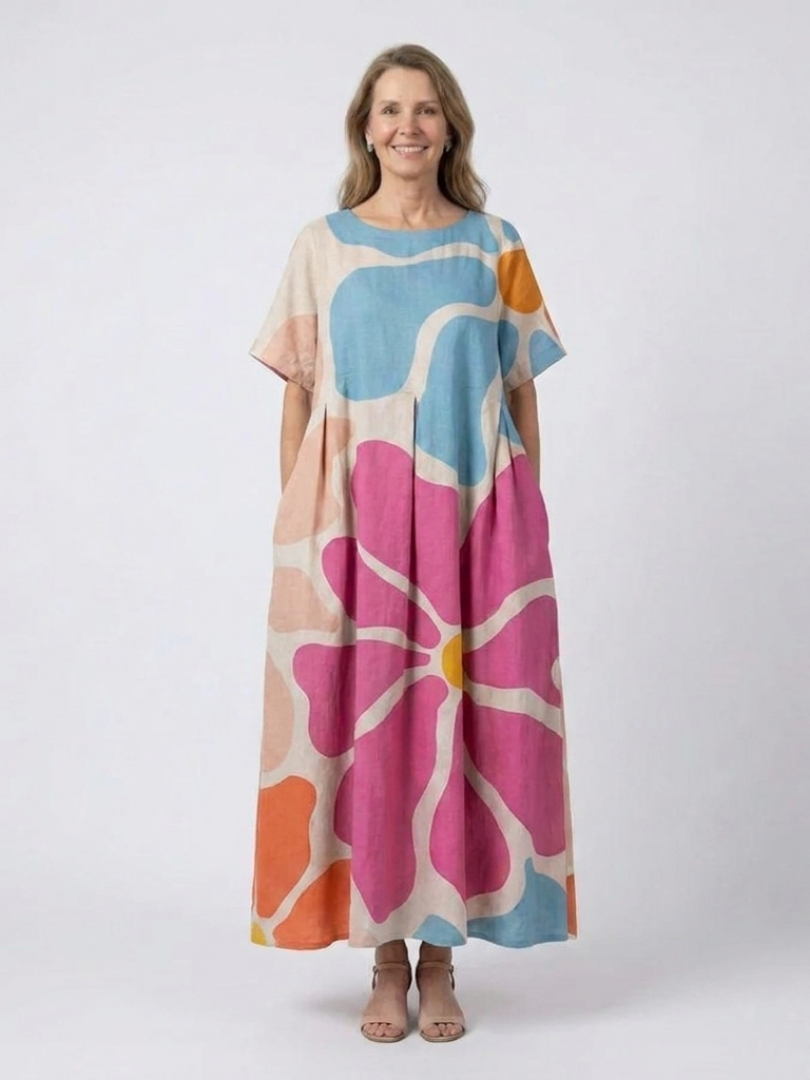 Abstract Floral Round Neck Short Sleeve Pleated Maxi Dress