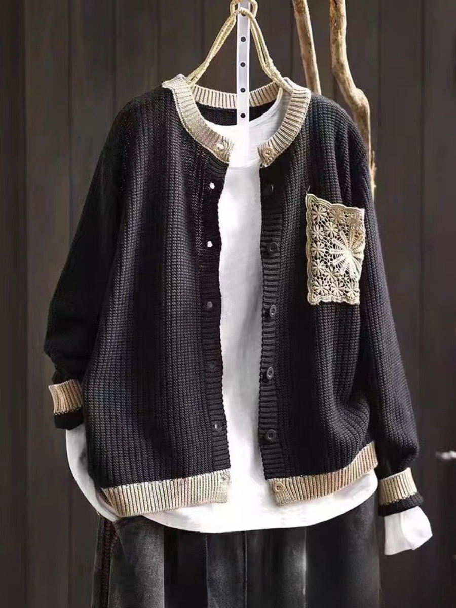 Round Neck Button Front Crochet Pocket Knit Cardigan