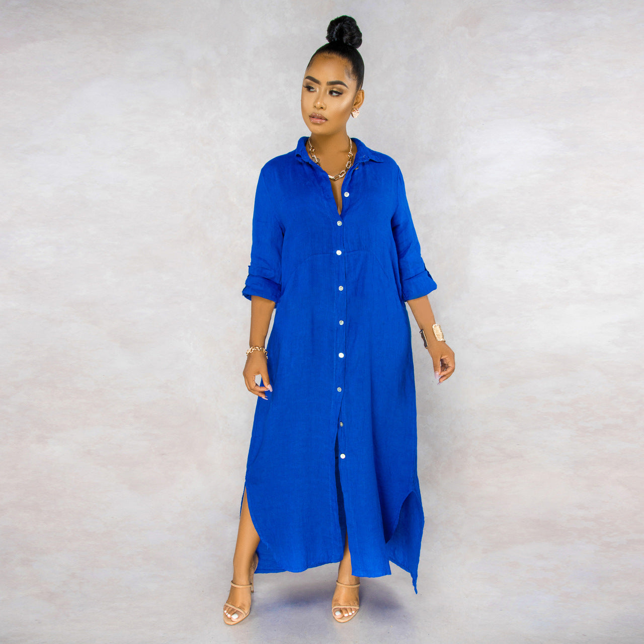 Button Down Collared Roll Tab Sleeve Box Pleat Back Oversized Maxi Shirt Dress