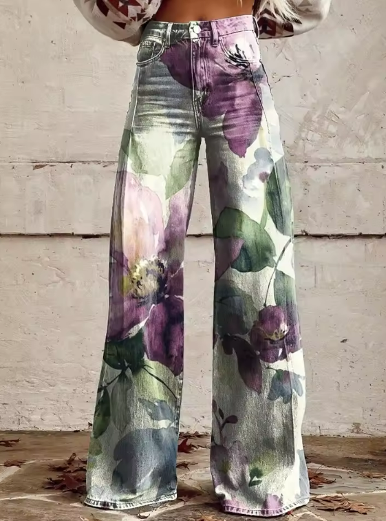 Floral Print High Waist Wide Leg Jeans