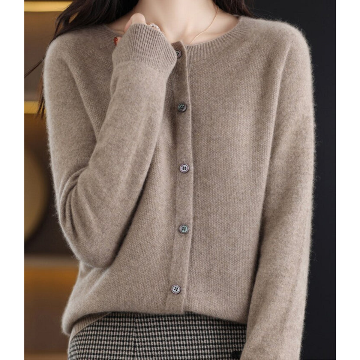 Round Neck Button Front Long Sleeve Knit Cardigan