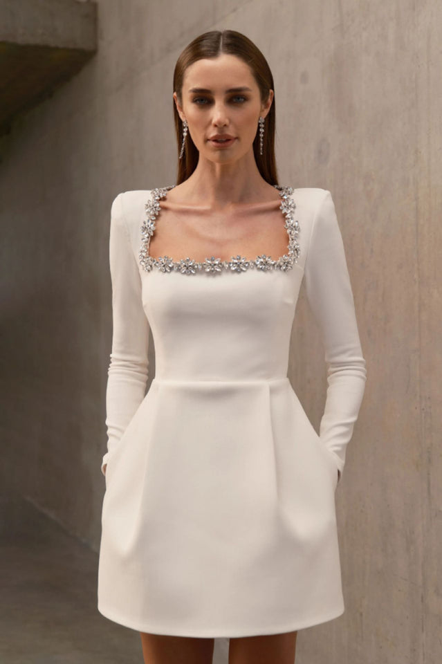 Rhinestone Trim Square Neck Long Sleeve Pleated Pocket Mini Dress