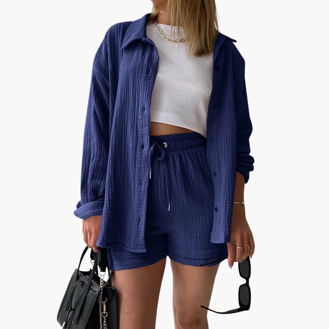 Button Front Shirt and Drawstring Shorts Two Piece Set