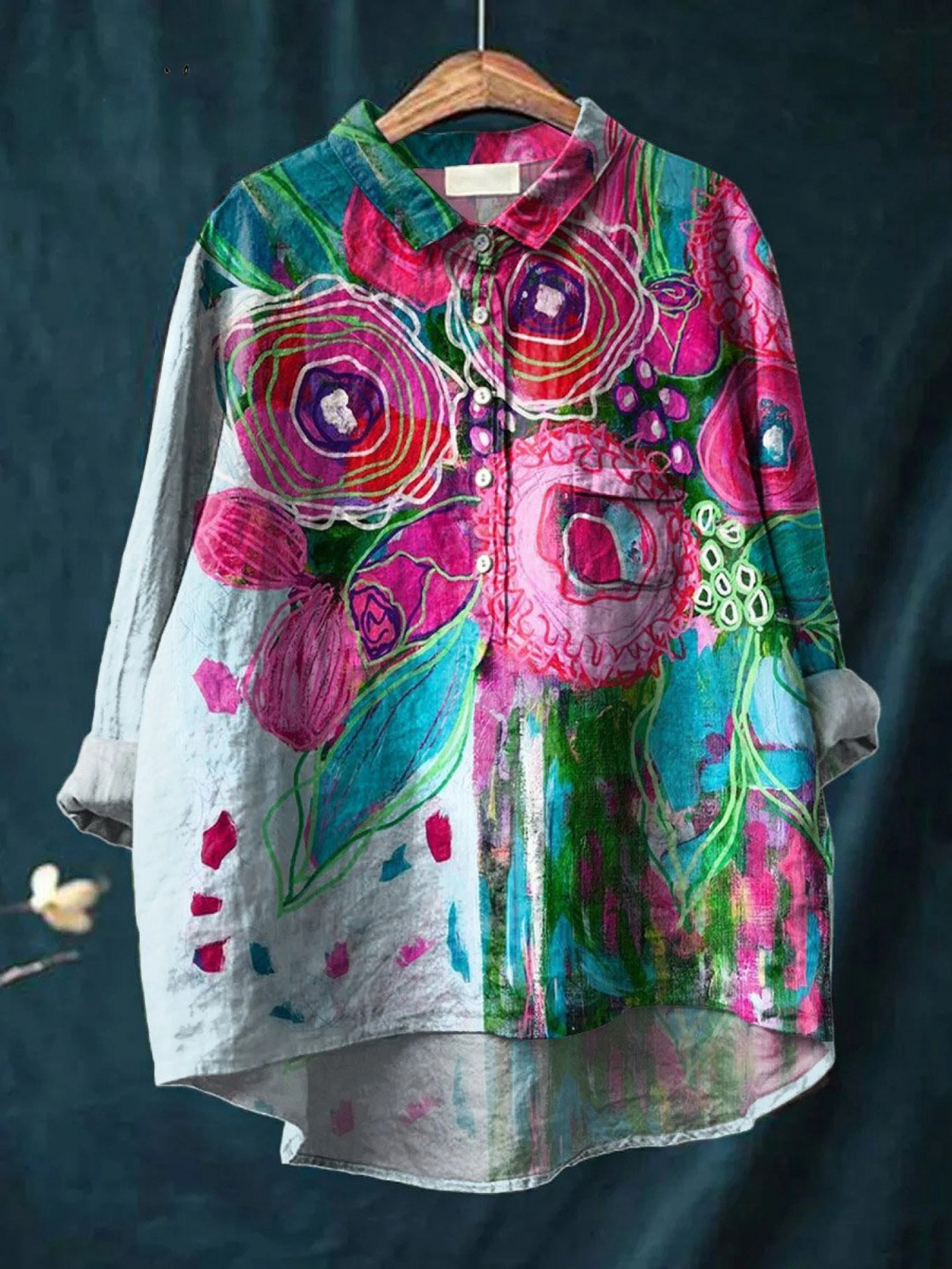 Floral Art Print Collared Long Sleeve High Low Shirt