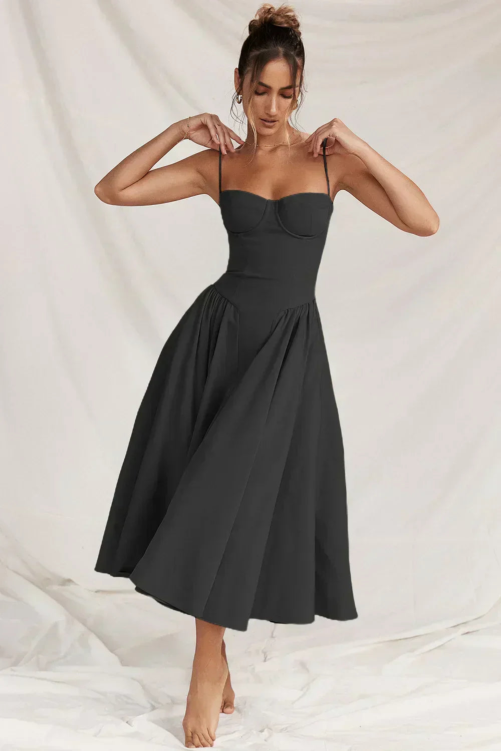 Spaghetti Strap Sweetheart Corset Fit and Flare Midi Dress