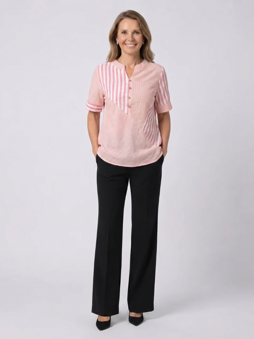 Striped Notch Neck Short Sleeve Button Blouse