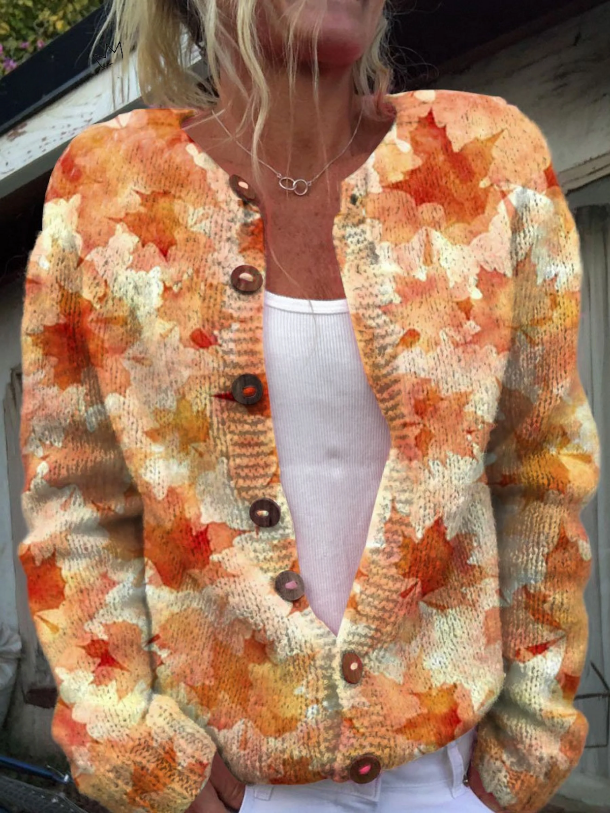 Maple Leaf Print Button Front Round Neck Cardigan
