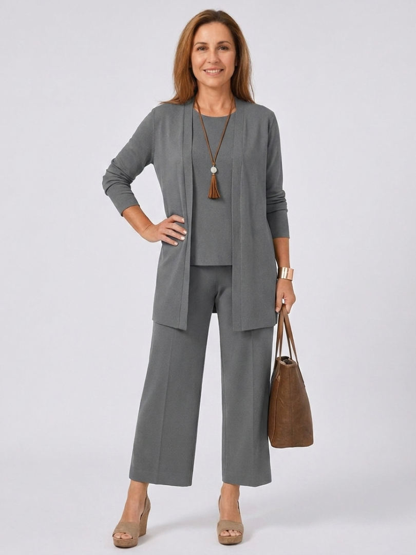 Long Cardigan Tank Top and Wide Leg Pants Three Piece Knit Set