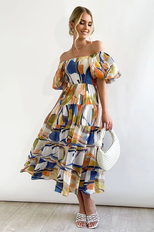 Darling Daylily Floral Print Off Shoulder Smocked Maxi Dress - 6 Colors Yellow & Dark Blue