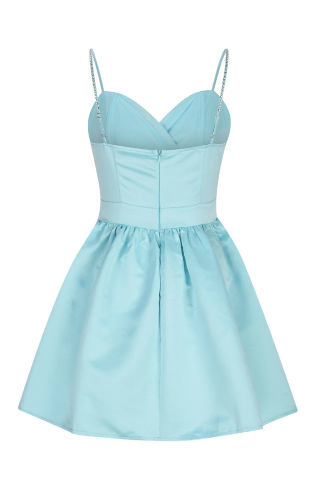 Rhinestone Strap Sweetheart Surplice Box Pleated Fit and Flare Mini Cocktail Dress