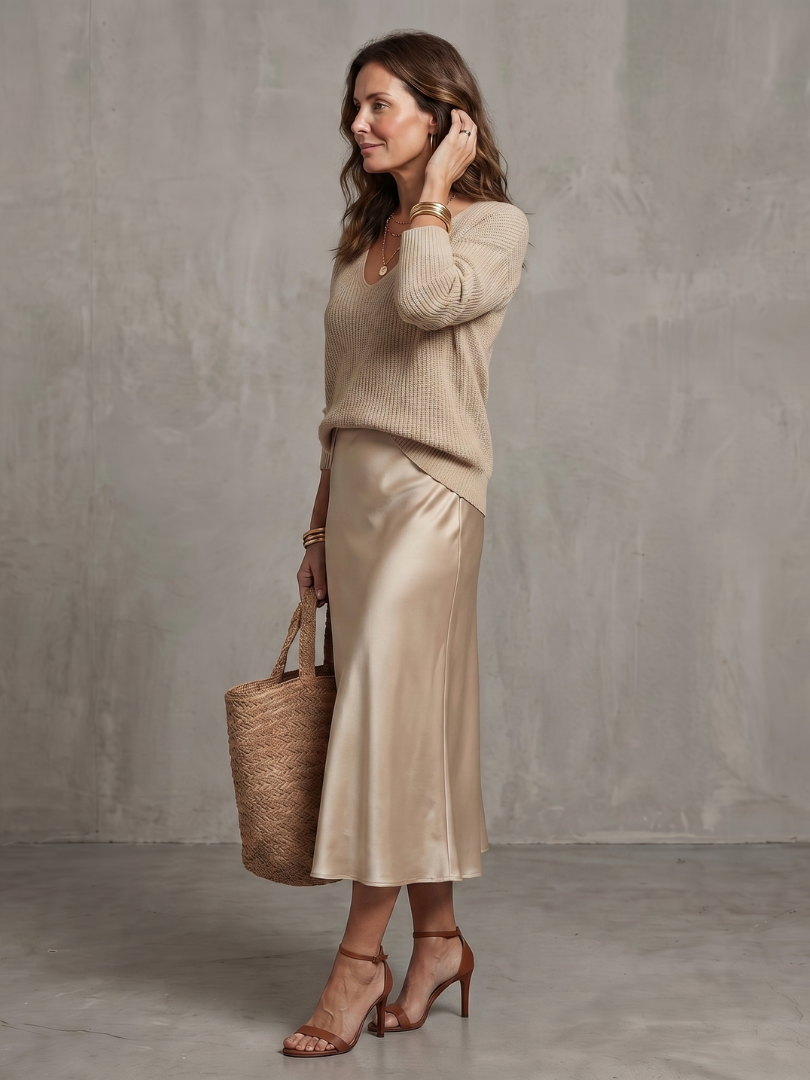 V-Neck Knit Sweater and Satin Slip Maxi Skirt Two Piece Set