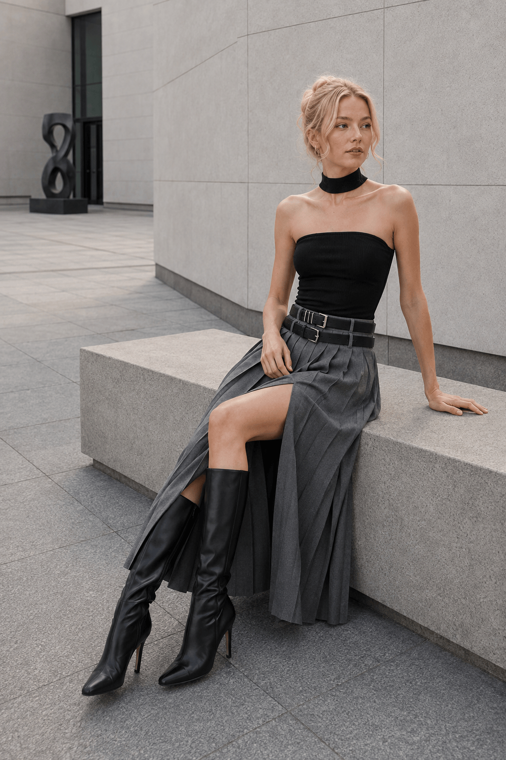 High Waist Knife Pleated High Split Maxi Skirt 5