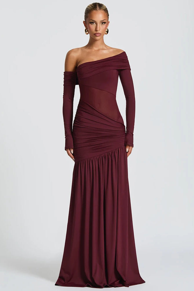 Off Shoulder Long Sleeve Backless Thigh Split Maxi Dress