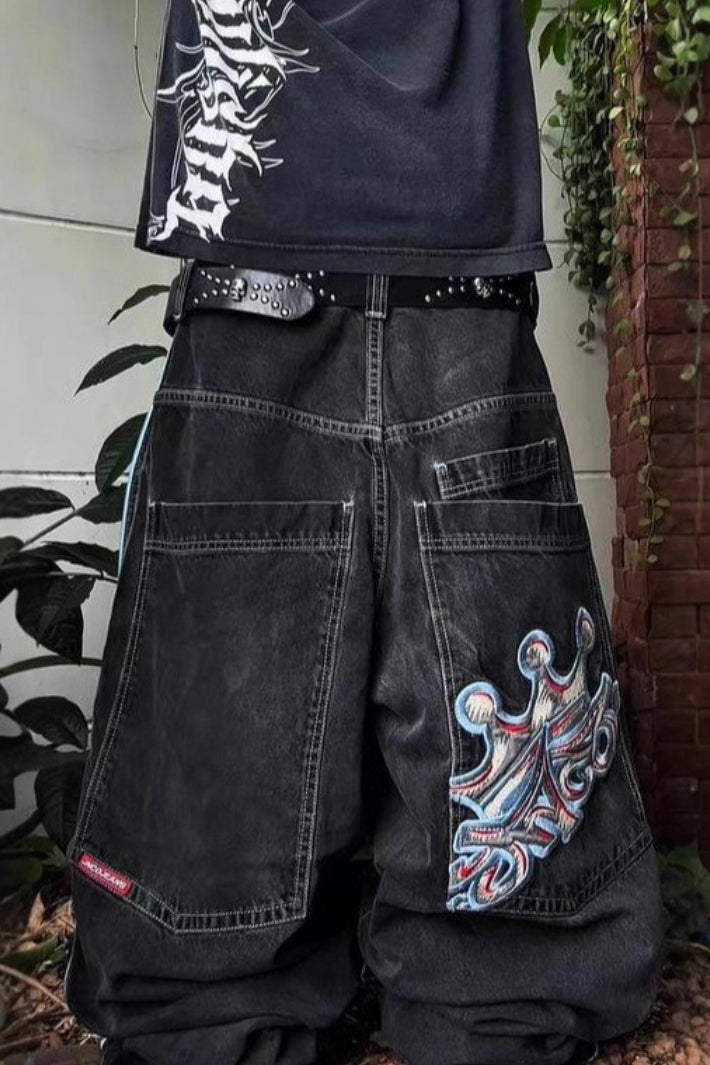 Hip Hop Embroidered Graphic Wide Leg Baggy High Street Jeans